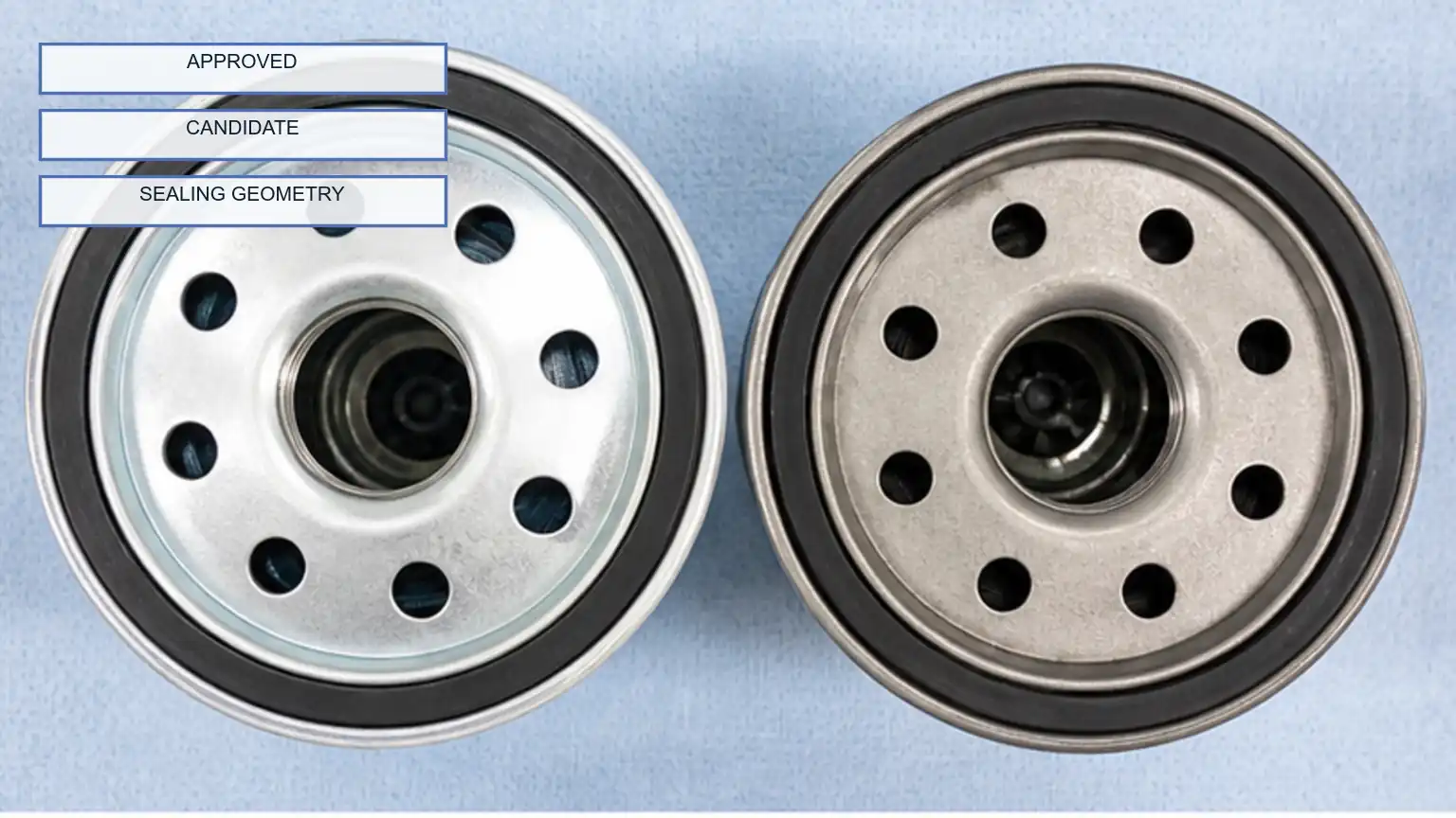 Exemples de plaques de base de filtre &agrave; carburant diesel approuv&eacute;es et candidates compar&eacute;es pour les diff&eacute;rences entre les joints et l'interface centrale
