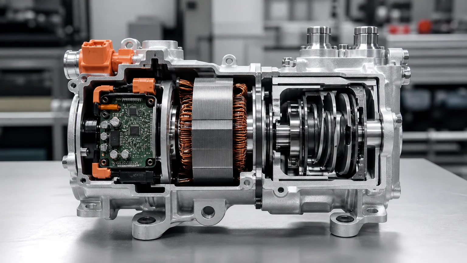 Sekcjowa elektryczna sprężarka prądu przemiennego wysokiego napięcia z pomarańczowym złączem, elektroniką falownika, uzwojeniami silnika i mechanizmem przewijania