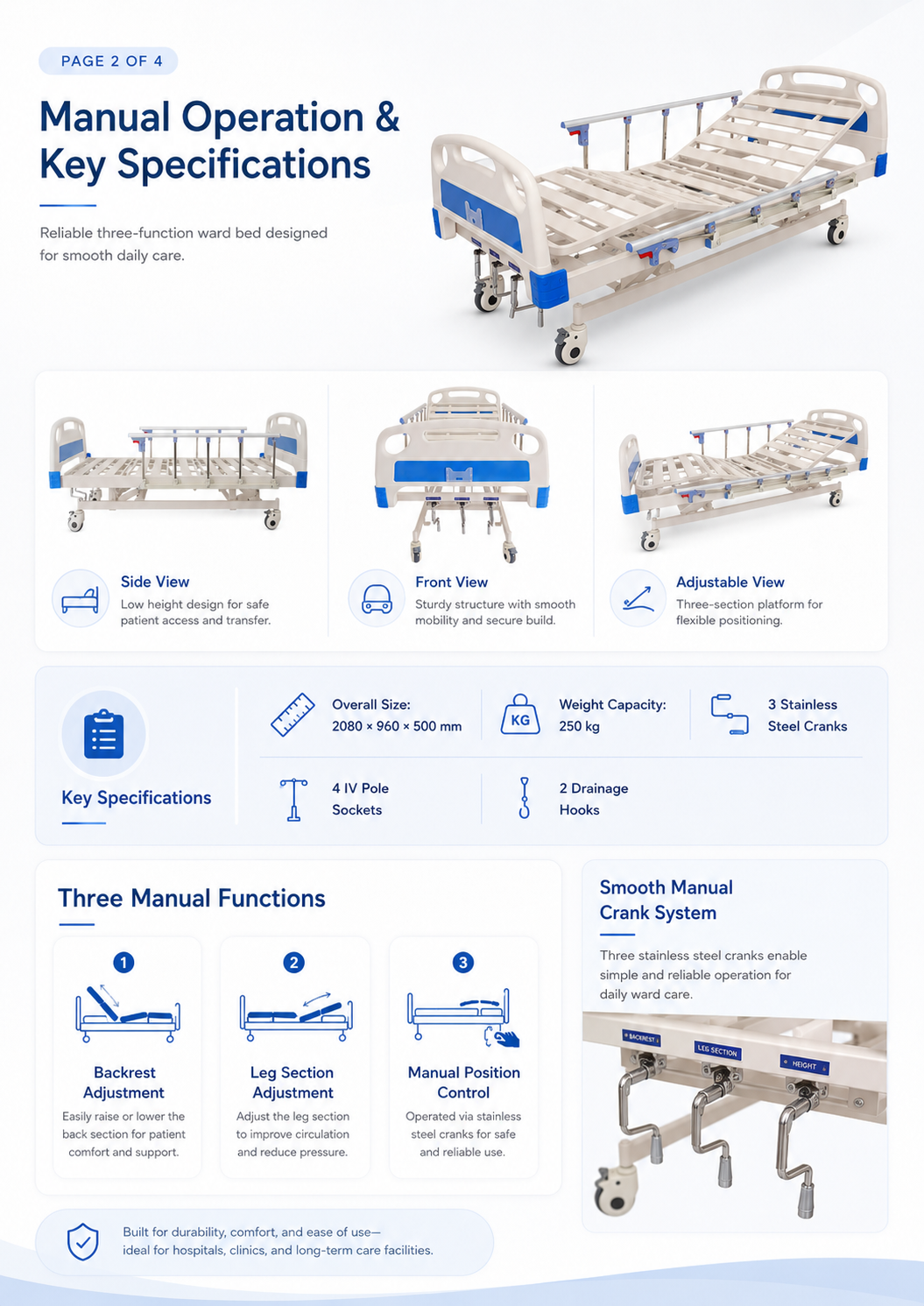 Giường bệnh viện thủ c&ocirc;ng A-33-3 b&aacute;nh xe kh&ocirc;ng ồn c&oacute; kh&oacute;a độc lập v&agrave; gi&aacute; đỡ thiết bị đầu giường
