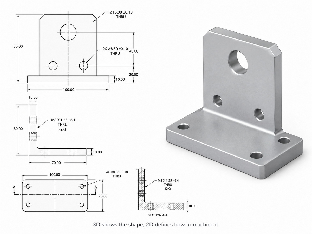 Duidelijke CNC-tekening en 3D-model