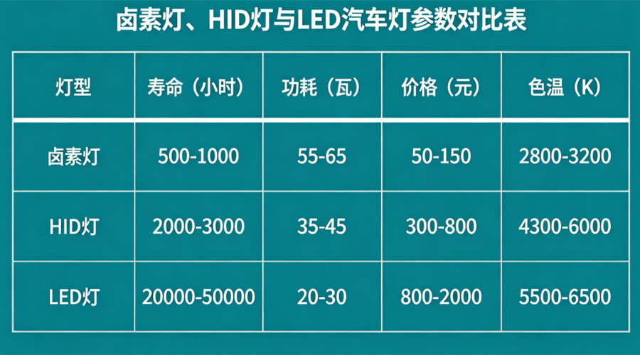 Cuadro comparativo de par&aacute;metros de l&aacute;mparas para autom&oacute;viles hal&oacute;genas, HID y LED