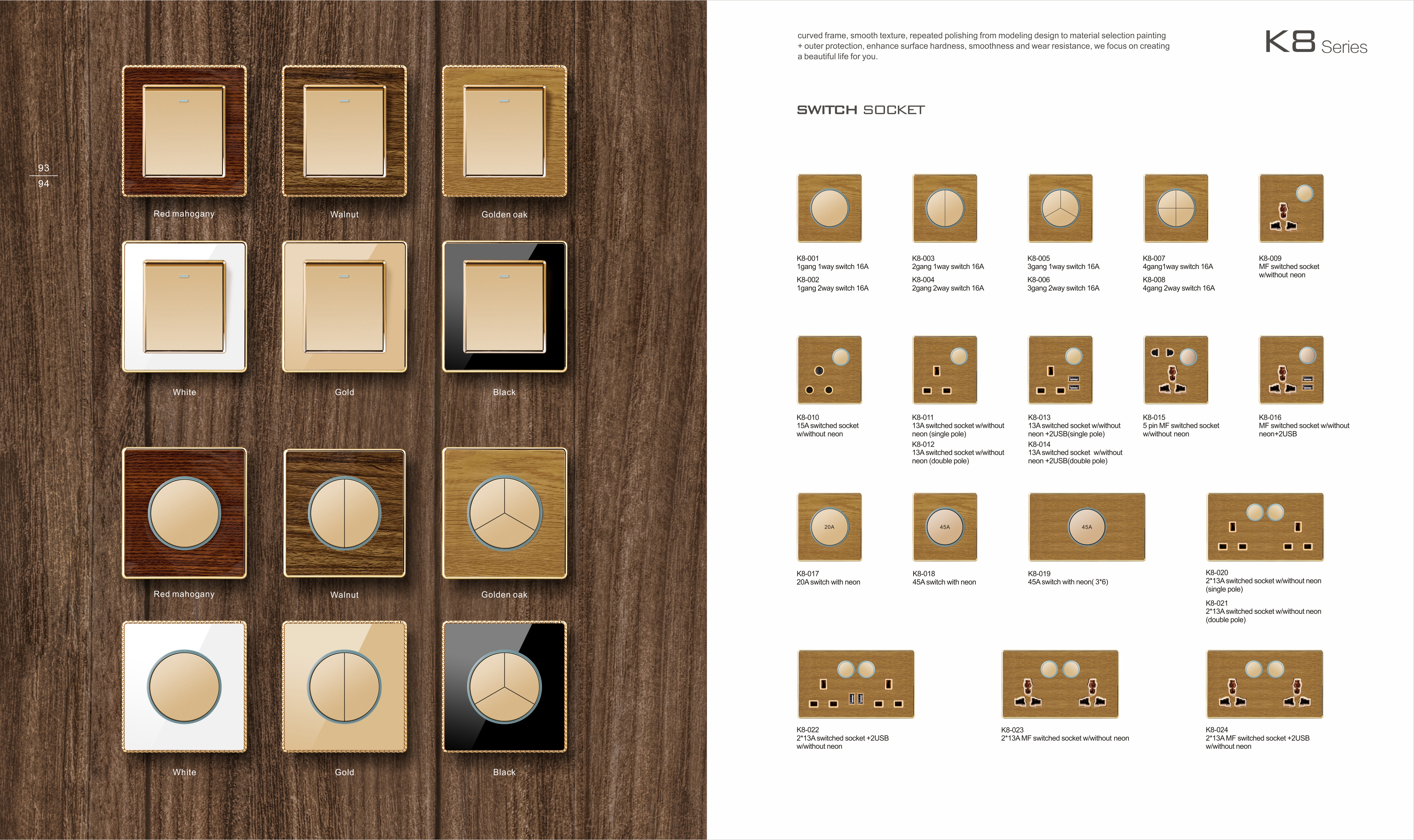 K8 Series Acrylic Wooden 2G 16A 250V Light Electric Wall Switch Socket 86*86cm PC Material with Chrome Frame Home Switches Twist Pattern