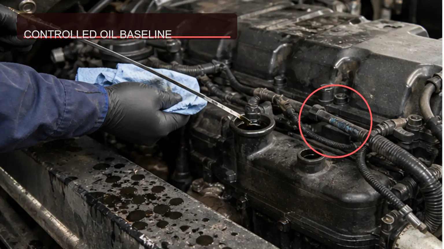 Controllo del livello dell'olio del motore diesel per impieghi gravosi e delle perdite esterne prima della diagnosi