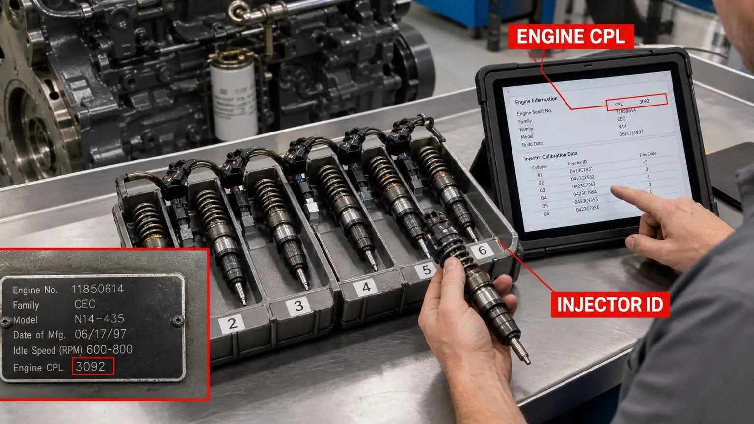Cummins Enregistrement du moteur de type N14 CPL recoup&eacute; avec un jeu d'injecteurs robustes num&eacute;rot&eacute;s