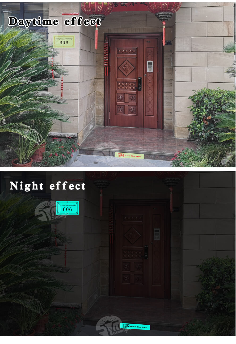 建物の標識は暗闇の中で輝き、電気を照らす標識、屋外の広告サイン、